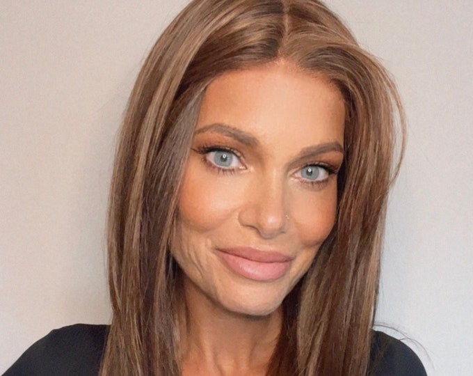 Remi 21.5" LIGHT DENSITY auburn brunette curtain bangs long layers straight synthetic wig ALL hand tied mono cap lace front natural hairline