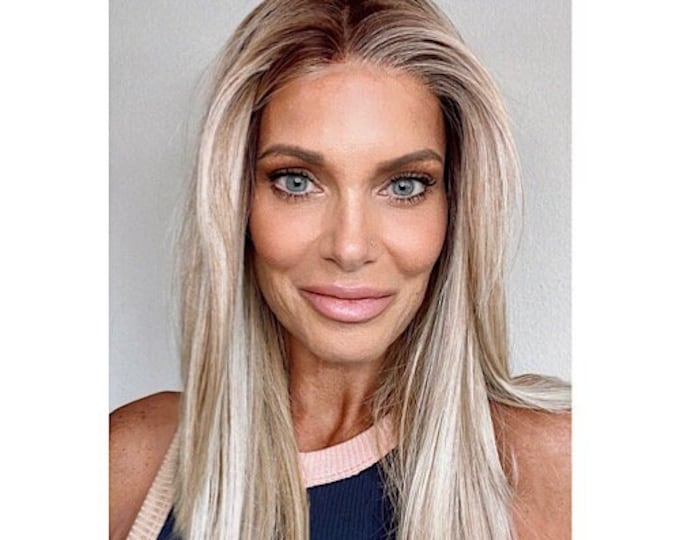 Remi 21.5" LIGHT DENSITY warm & neutral blonde layers curtain bangs synthetic all hand tied mono and lace cap, lace front natural hairline