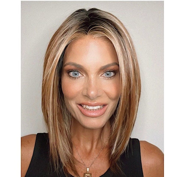 Avery fun choppy mid length brunette bronde soft luxe synthetic wig free parting all hand tied lace cap lace front natural looking hairline