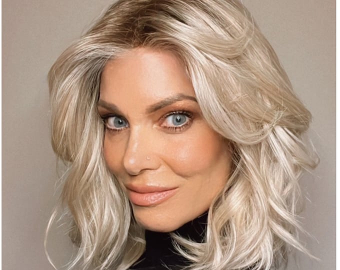 Carli mid length synthetic wig beach waves curtain bangs  mono cap wide lace middle part ear to ear lace front undetectable hairline