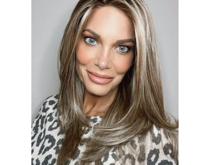 Skyler 20” long layered dimensional bronde rooted synthetic wig mono cap with wide lace side part lace front for most natural hair line.