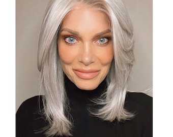 Isla mid length face framing layers synthetic wig all hand tied cap lace front with multidirectional parting most natural looking hairline