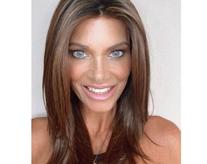 Sutton cute 18" long layered soft luxe synthetic wig rooted brunette monofilament cap lace center part hand tied lace front natural hairline