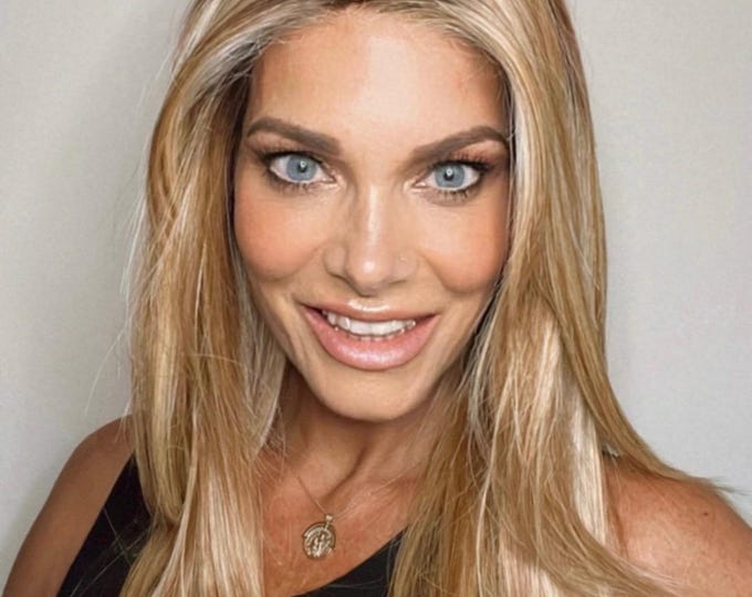 Remi 21.5" LIGHT DENSITY honey blonde curtain bangs long layers straight synthetic wig ALL hand tied mono cap lace front natural hairline