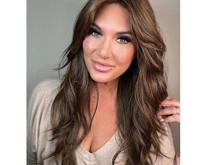 Blake gorgeous 22” long synthetic wig brunette auburn hightlights beach waves curtain bangs center lace part lace front for natural hairline