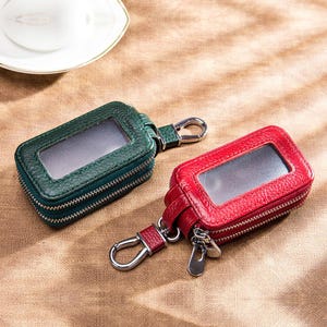 Bolso para llaves de coche de doble capa de cuero genuino para mujeres/hombres, bolso para llaves con cremallera multifuncional, regalo para ella