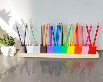 Montessori Crayon Holder Organizer for Kids, Wooden Colored Pencil Holder Organizer, 11 Cups on a Stand, Crayon Caddy, Art Storage (Large)