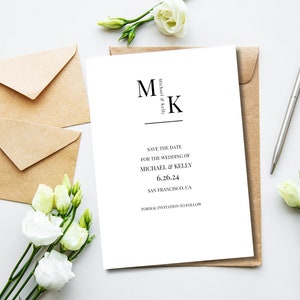 Monogram black and white save the date template, instant download, editable using Canva.