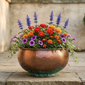 Hand-Hammered Copper Planter, Large Moroccan Garden Pot, Rustic Vintage Patio Home Decor