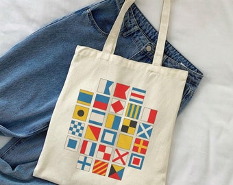 Nautical Flag Alphabet Tote, Maritime Flag Tote, Nautical Sail Shoulder Bag, Cute Boating Gift for Her, Nautical Coastal Style Boating Bag
