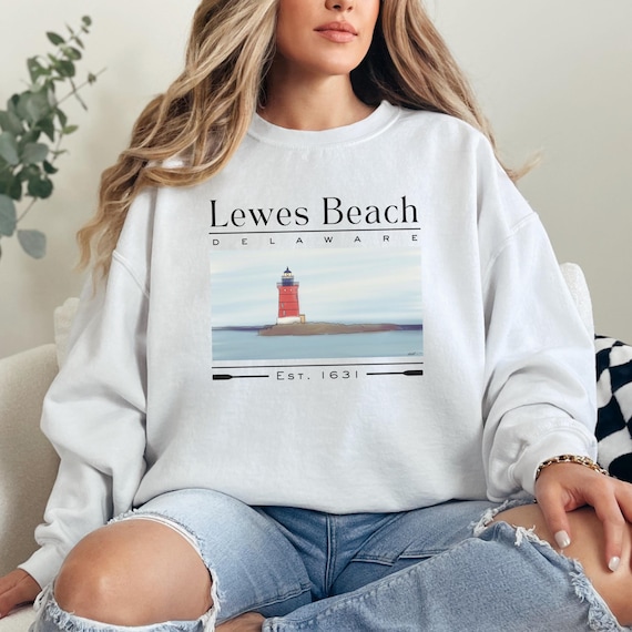 Lewes Beach Delaware Unisex Crewneck Sweatshirt Painting of Lewes Lighthouse Lewes Delaware Crewneck Sweater Gift for Her Delaware Gift