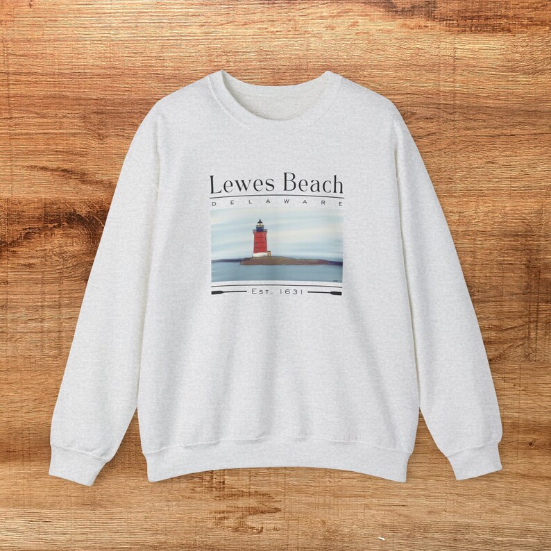 Lewes Beach Delaware Unisex Crewneck Sweatshirt Painting of Lewes Lighthouse Lewes Delaware Crewneck Sweater Gift for Her Delaware Gift Ash