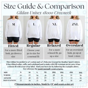 May include: Size guide for Gildan Unisex 18000 Crewneck sweatshirts. The guide shows how the sweatshirt fits: Fitted, Regular, Relaxed, and Oversized. Includes a size chart with measurements in inches for width, length, and sleeve length.