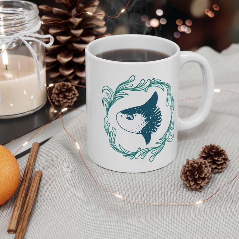 Coastal Sunfish 11oz Ceramic Coffee Mug Coastal Theme Gift for Her Ocean Themed Cup Sea Life Drinkware Gift Sunfish Tea Mug Gift for Her image 2