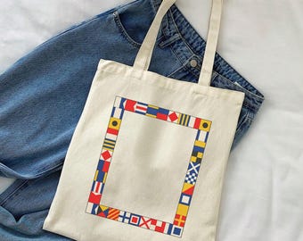 Bolsa de mano con bandera de señal náutica, bolsa de playa costera, bolsa de compras de verano, bolsa de lona de algodón con temática costera, regalo marítimo para ella, bolsa de verano
