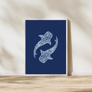 Swimming Whale Sharks Wall Art Print | Deep Blue Ocean Marine Life Decor, Coastal Home Accent, Tropical Bedroom & Dorm Art, Kids Room Poster
