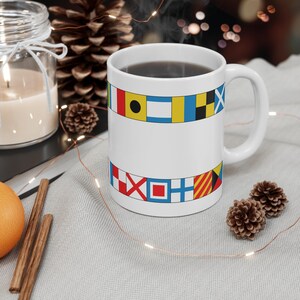 White Nautical Flag Alphabet Coffee Cup, Boat Captain Gift, Nautical Novelty Gift, Flag Alphabet Design, Coastal Decor, Maritime Theme Gift