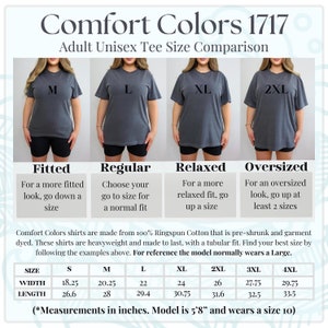 May include: Size chart for unisex t-shirts in sizes S, M, L, XL, 2XL, 3XL, and 4XL. The chart shows the width and length measurements in inches for each size. The model is 5'8" and wears a size 10.