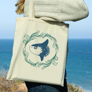 Decorative Sunfish Tote Bag Sea Life Beach Tote Summer Shopping Bag Coastal Tote Cotton Canvas Bag Ocean Theme Gift for Her Mola Mola Gift
