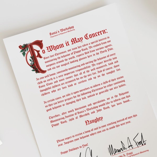 Custom Naughty or Nice List Letter for Funny Kids Christmas, from Santa at North Pole, Digital Download to Print at Home (Last Minute Gift)