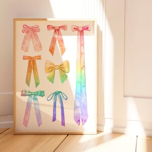 A beautiful watercolor digital art print in coquette style. A collage of bows with a unique and imaginative rainbow color scheme.