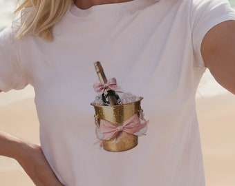 Coquette Champagne Bucket Baby Tee, Y2K Crop Top, Fun Graphic Tee with Pink Bow on Gold Champagne Bucket, Balletcore & Cottagecore Style