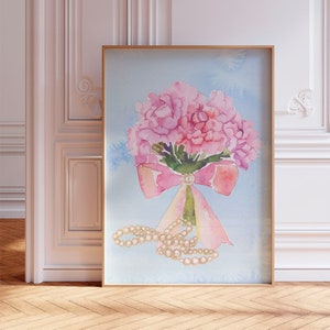 Coquette Room Decor, Pink Peonies & Pearls Watercolor Print (Digital File), Luxurious and Feminine Artwork Bar Carts, Nurseries, Etc.