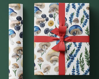 Classic Mushroom Wrapping Paper With Gorgeous Blue Repeat Botanical Print, Stunning for Cottagecore Holiday Gifts or Birthday Presents