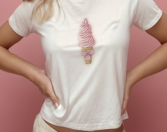 Cute Coquette Shirt, Y2K Baby Tee With Pink Ice Cream Cone & Bow, Spring Summer Crop Top, Balletcore Graphic T-Shirt, 2000s Clothes