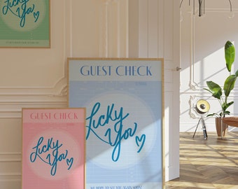 Charming Guest Check Print & Lucky You Poster in Green, Blue, and Pink Styles. A Great Add to Your Bar Cart Prints Collection!