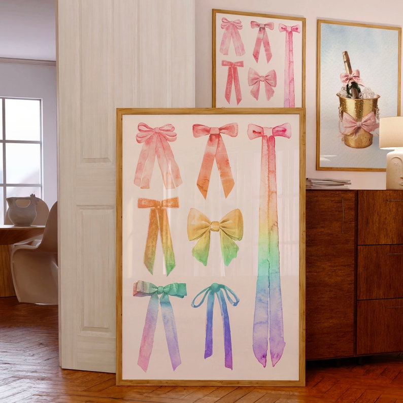A beautiful watercolor digital art print in coquette style. A collage of bows with a unique and imaginative rainbow color scheme.