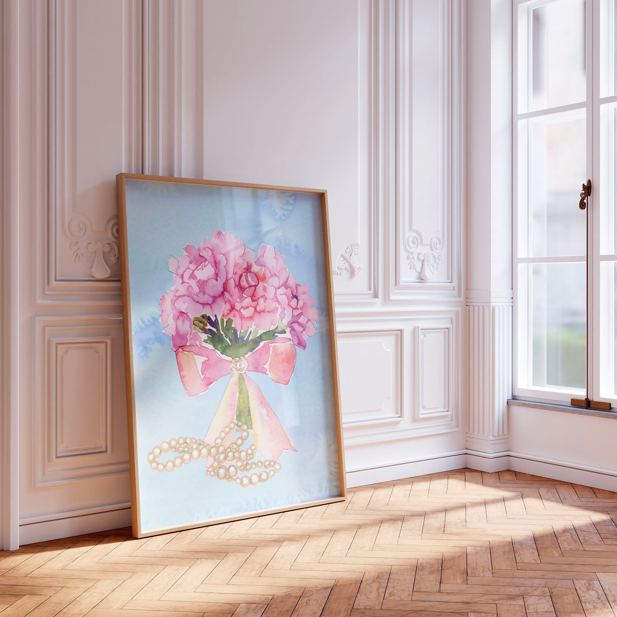 Coquette Room Decor, Pink Peonies & Pearls Watercolor Print (digital ...