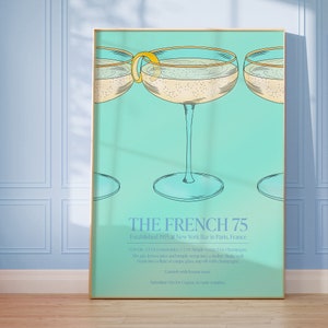 Bar Cart Prints, French 75 Bar Cart Wall Art Print, Unique Illustration Including French 75 Recipe Decorate Your Space with Bar Cart Art