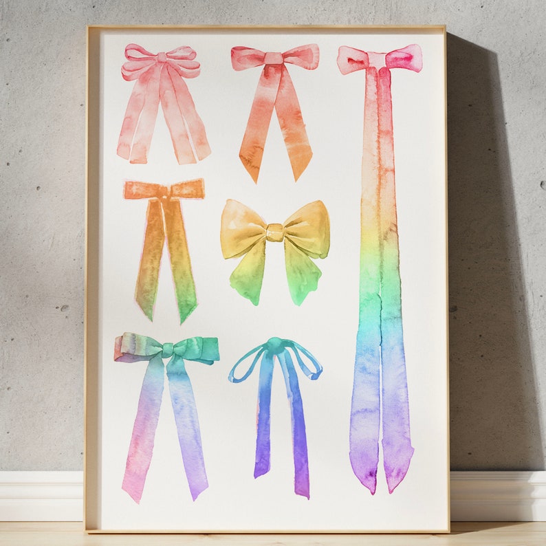 A beautiful watercolor digital art print in coquette style. A collage of bows with a unique and imaginative rainbow color scheme.