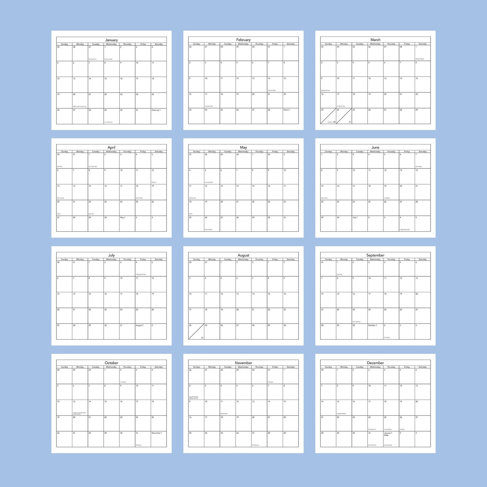 2025 Calendar Grid, DIGITAL Art Template for Printify Calendars With ...