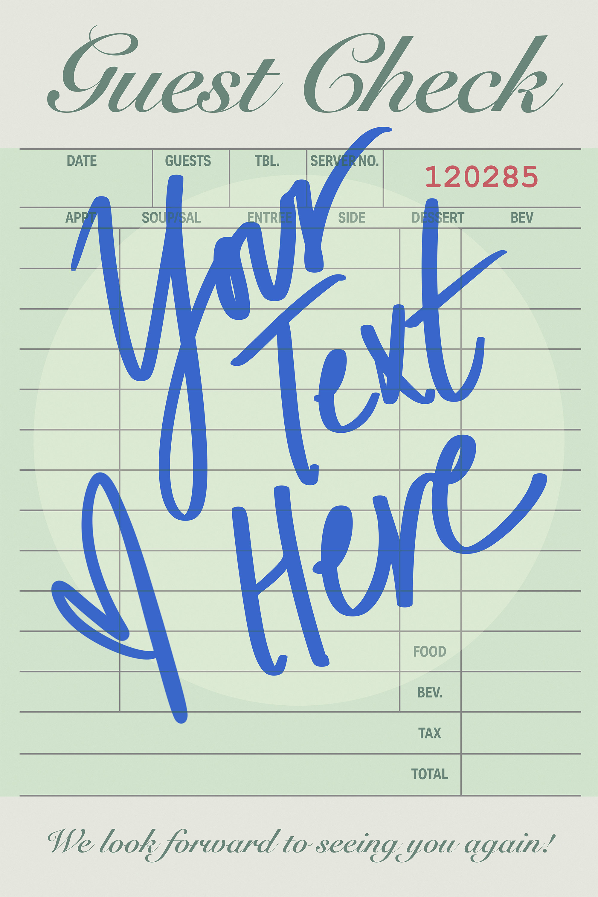 Classic Custom Guest Check Print, Your Text in Handwritten Letters on ...