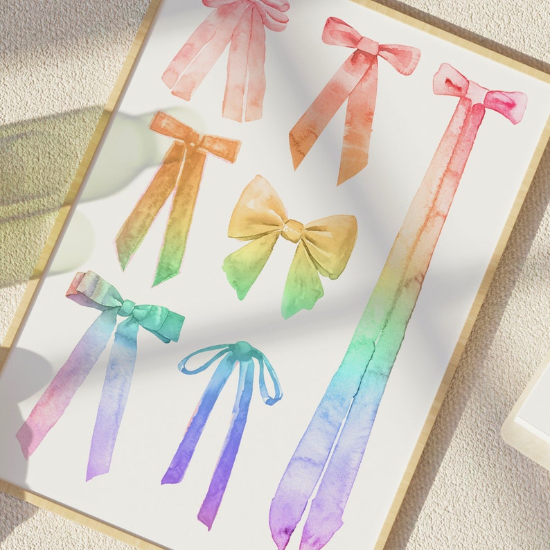 A beautiful watercolor digital art print in coquette style. A collage of bows with a unique and imaginative rainbow color scheme.