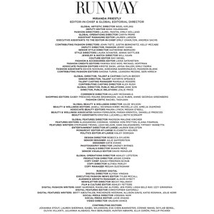 Pode incluir: Uma imagem em preto e branco da capa de uma revista com o t&iacute;tulo "RUNWAY" em letras brancas grandes. A capa apresenta os nomes da equipe editorial da revista, incluindo a editora-chefe, Miranda Priestly.