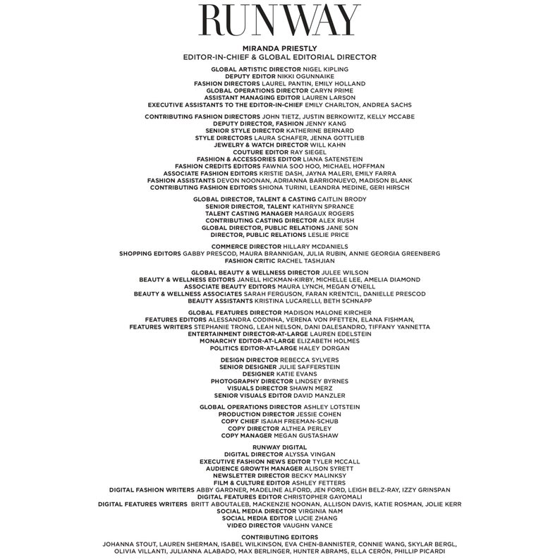 Pode incluir: Uma imagem em preto e branco da capa de uma revista com o t&iacute;tulo "RUNWAY" em letras brancas grandes. A capa apresenta os nomes da equipe editorial da revista, incluindo a editora-chefe, Miranda Priestly.