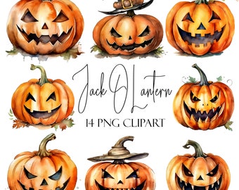 Watercolor Jack O Lantern Clipart: Halloween Pumpkin PNG (Instant Download)