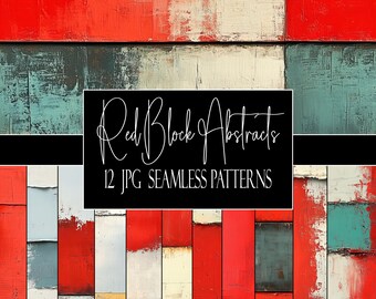 Red Block Abstract Seamless Patterns, 12 JPG Digital Papers, Commercial Use, POD Friendly