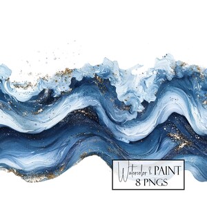Puede incluir: Diseño abstracto de acuarela en tonos azules y blancos con acentos dorados. La imagen presenta patrones fluidos en forma de olas con una apariencia texturizada. El texto en un rectángulo negro dice "Watercolor & PAINT 8 PNGS".