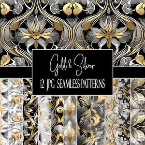 Gold and Silver Seamless Patterns, Digital Paper Bundle, 12 JPGs, Instant Download, Commercial Use, POD Use