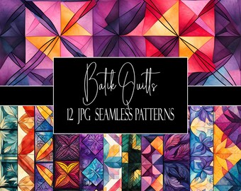May include: A collection of 12 JPG seamless patterns with a watercolor batik quilt design. The patterns feature geometric shapes and floral motifs in shades of purple, pink, orange, and blue. The text "Batik Quilts" and "12 JPG SEAMLESS PATTERNS" is displayed on a black background.
