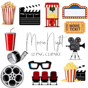 Movie Night Clipart Bundle: Cinema Graphics (8 Transparent PNGs) (Commercial Use) (Instant Download
