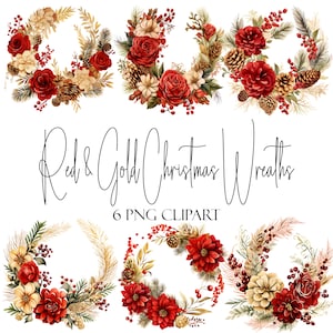 Rot und Gold Weihnachtskränze, Aquarell Clipart, PNG-Format, Sofortiger Download, kommerzielle Nutzung, POD-Verwendung