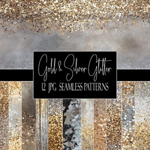 Glitter oro e argento, motivi senza soluzione di continuità, set di carta glamour, 12 JPG, download immediato, uso commerciale, uso POD