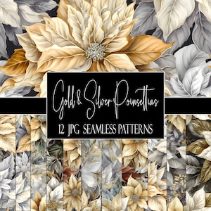 Silber und Gold-Poinsettia-Blumen, nahtlose Muster, JPG-Format, sofortiger Download, kommerzielle Nutzung, POD-Verwendung