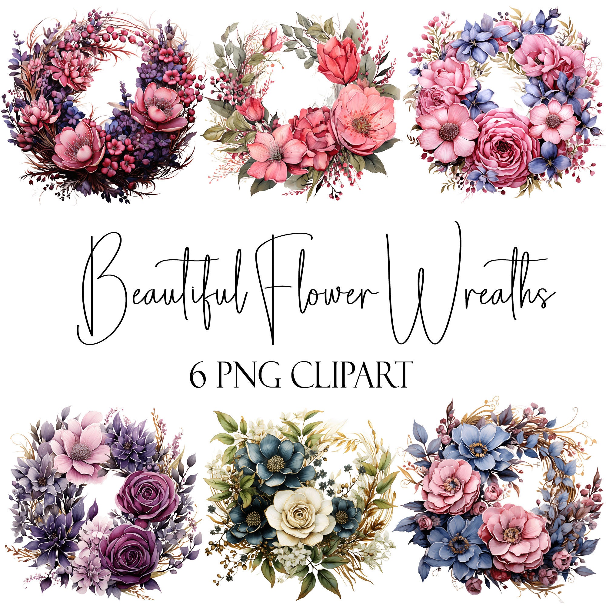 Watercolor Flower Wreaths Clipart: PNG Floral Designs (digital Download ...