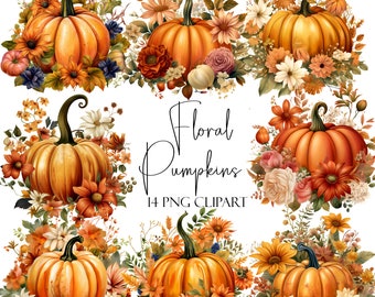 Floral Kürbis Clipart, Aquarell Herbst Elemente, PNG-Format, Sofort-Download, POD verwenden, kommerzielle Nutzung